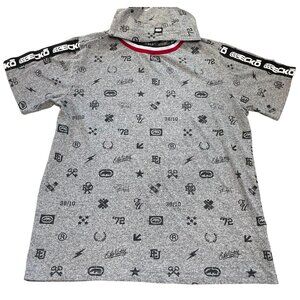 Ecko Unltd Mens Hooded T-Shirt Large Heather Gray Cotton All Over Print Pullover